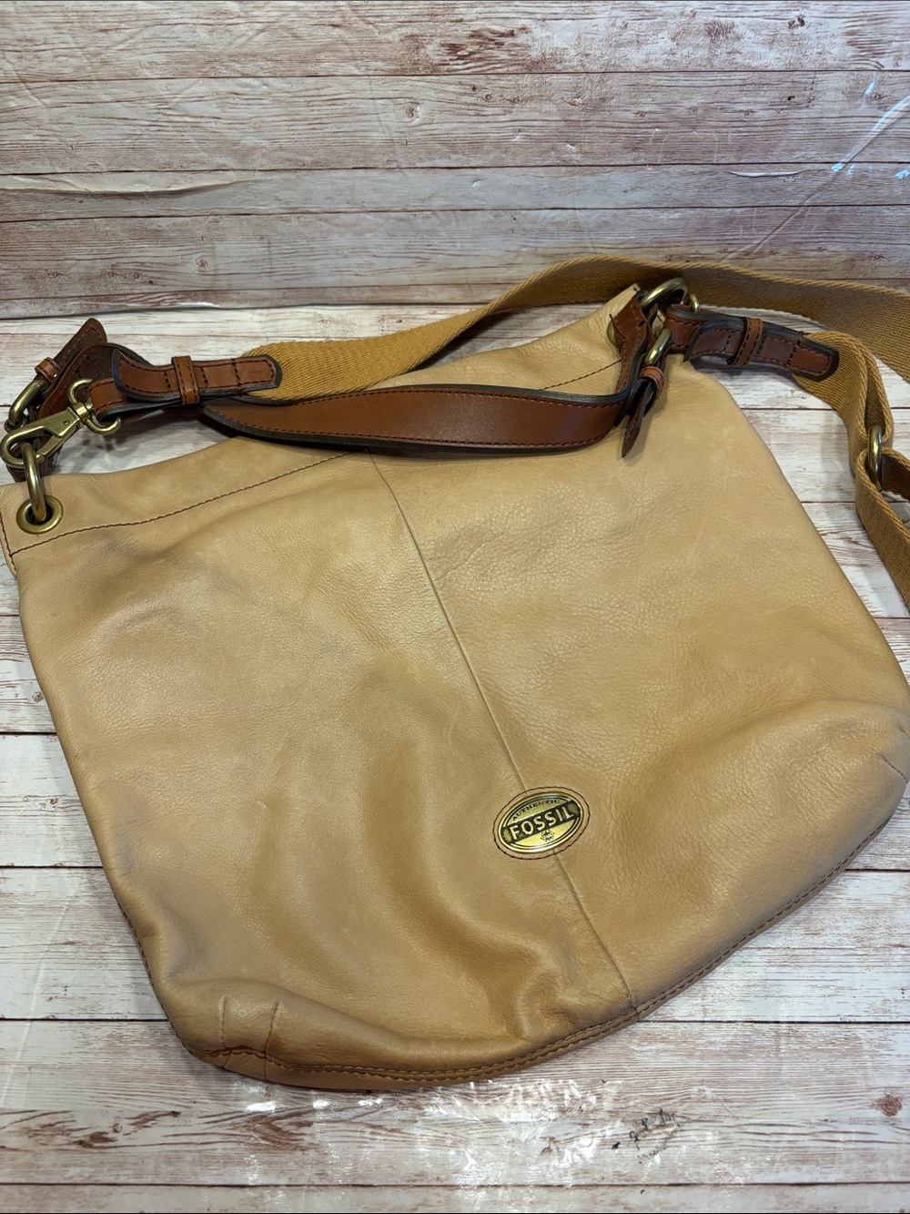 Fossil Beige Leather Shoulder Bag with Brown Strap